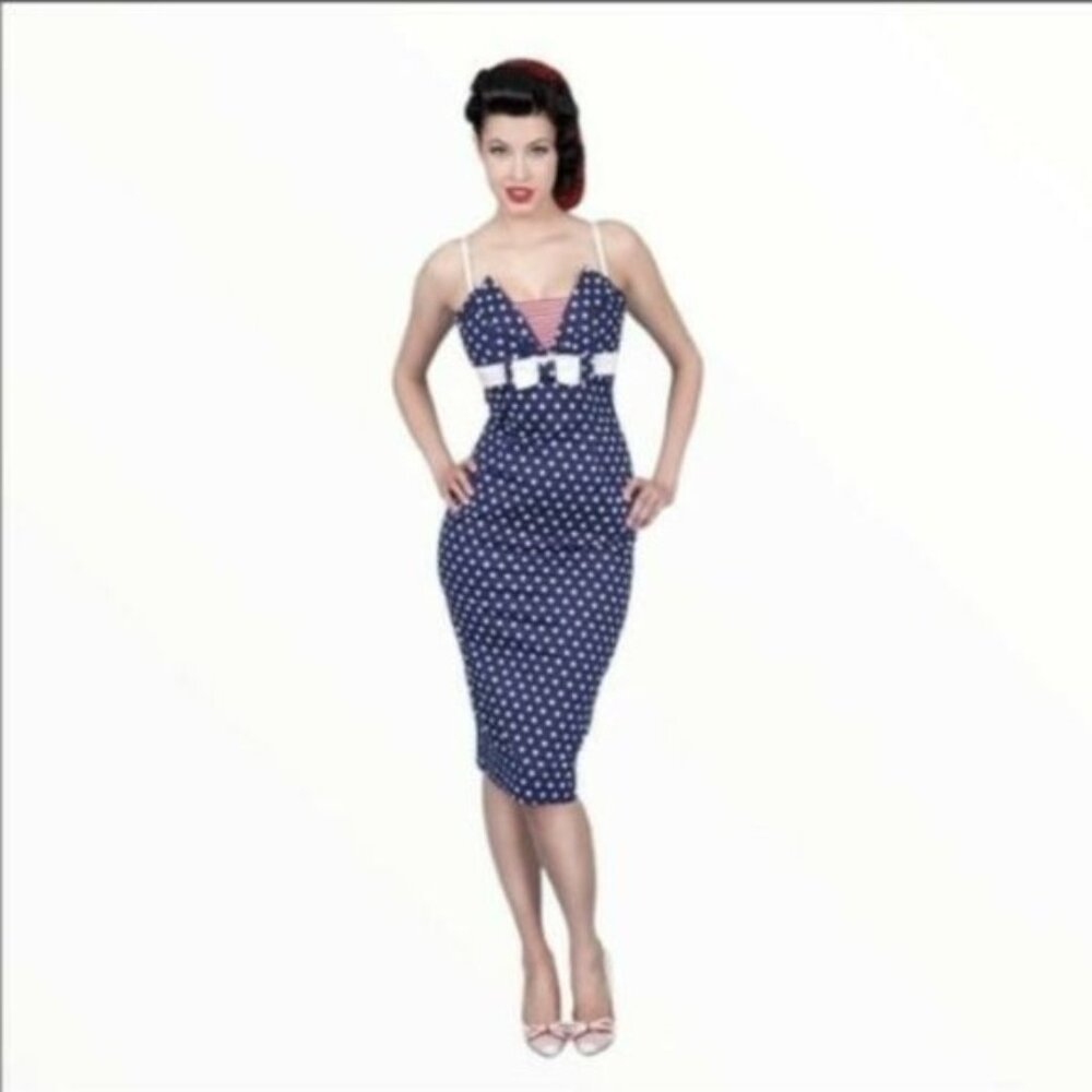 Tatyana Navigator Pin Up Blue Polkadot Wiggle Dress Size Large - Picture 2 of 6